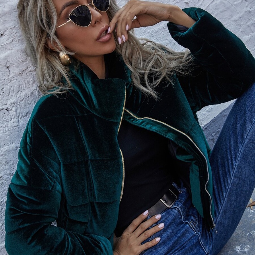 Cozy emerald green zipper velvet puffy bomber jacket Coat - Picture 5 of 7